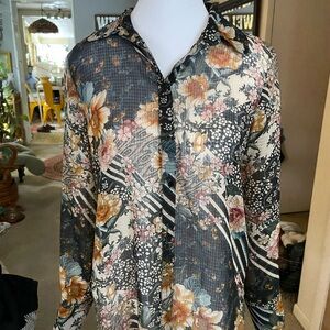 Zara Multicolor Floral Denim Shirt boho